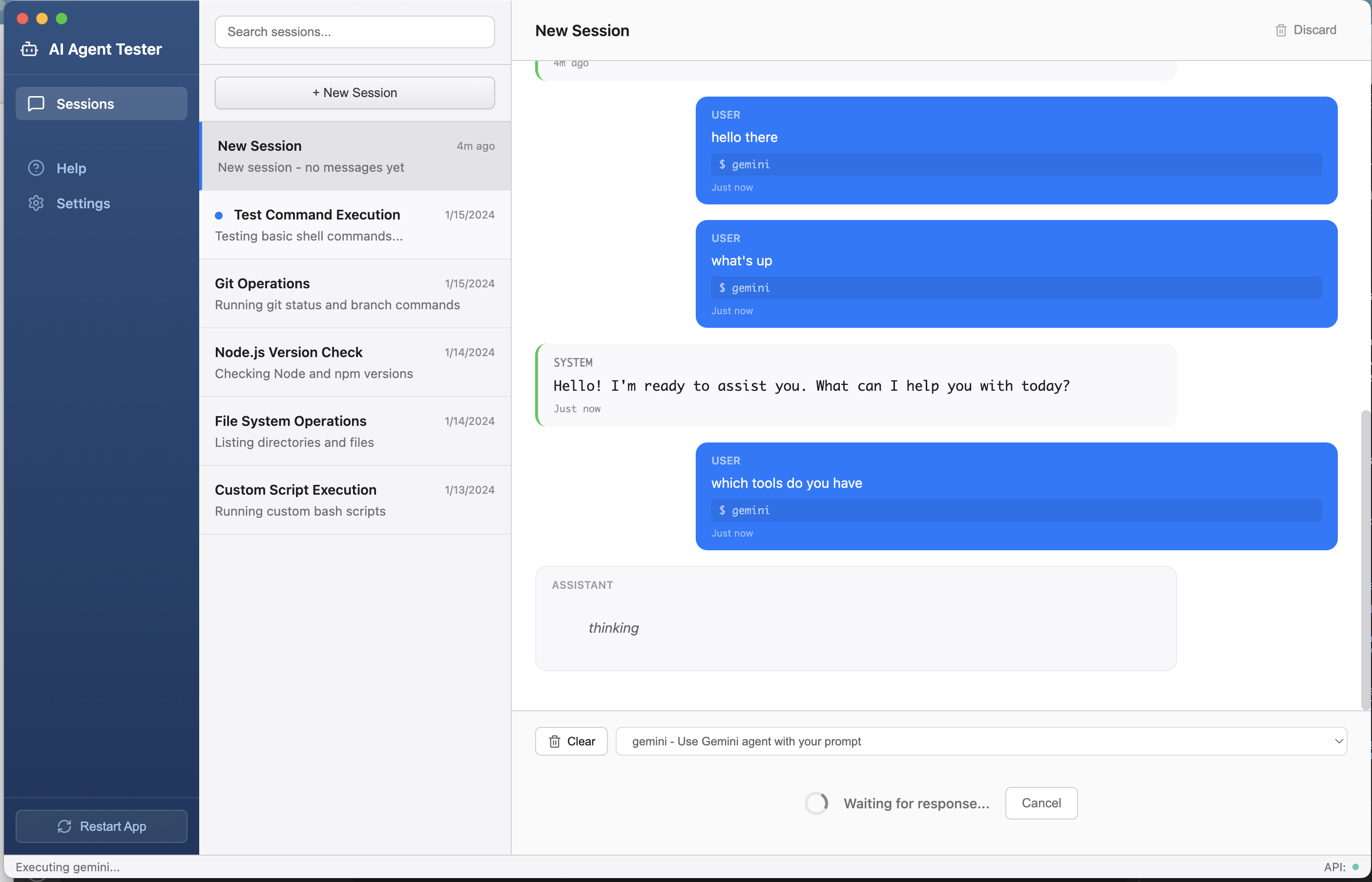 AI Agent Tester interface showing prompt testing