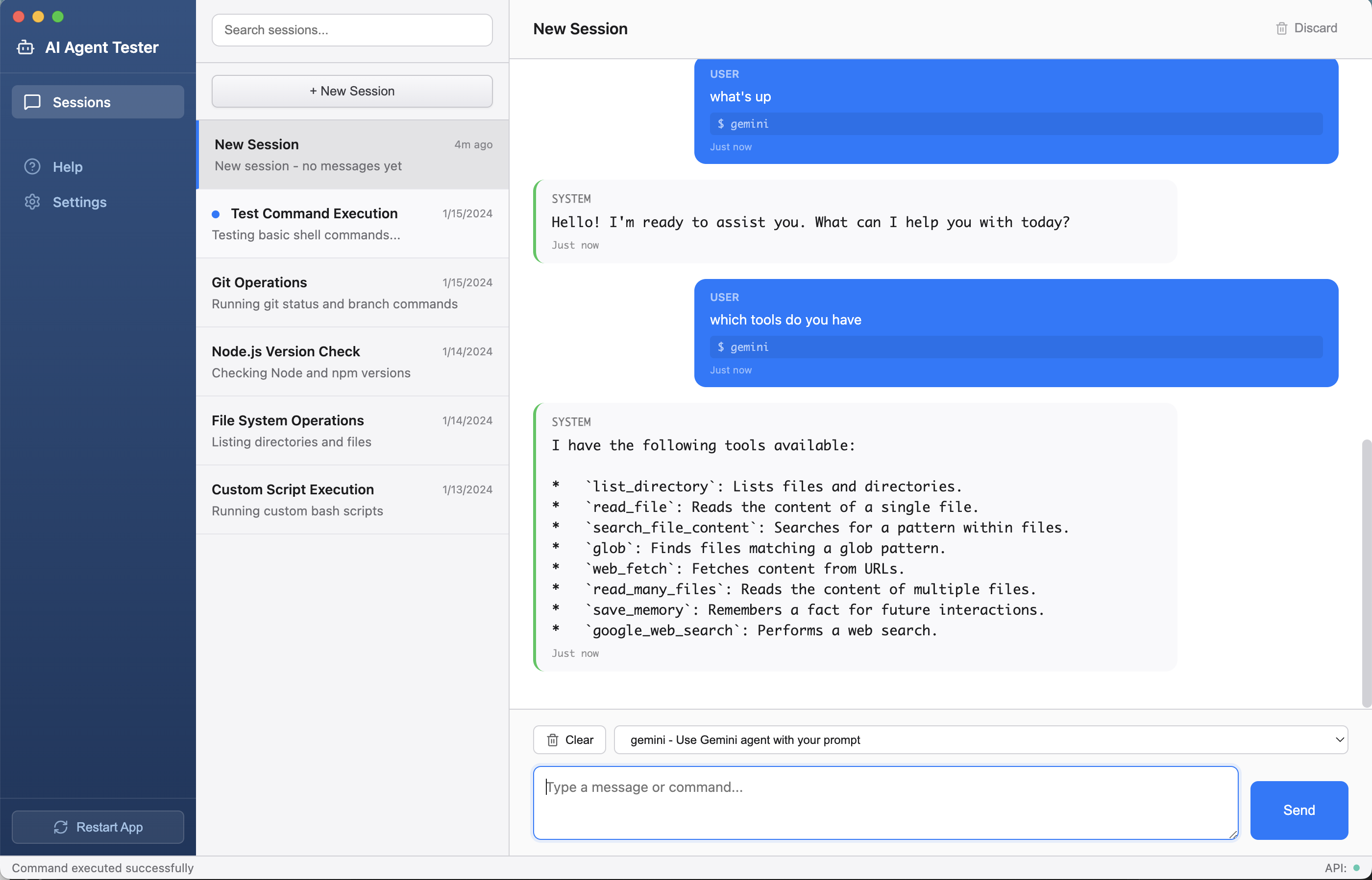 AI Agent Tester interface showing API requests