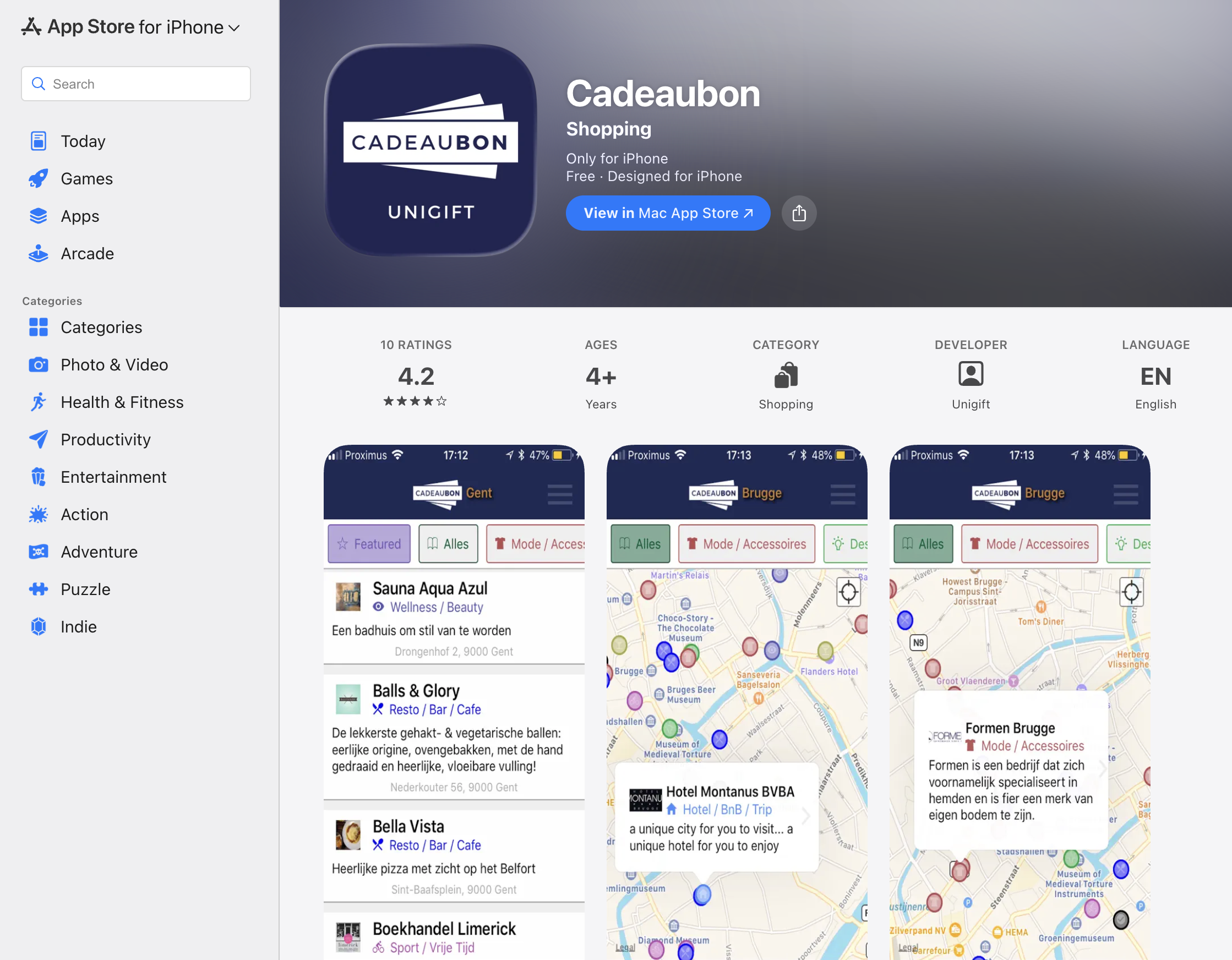 Unigift Cadeaubon mobile app interface