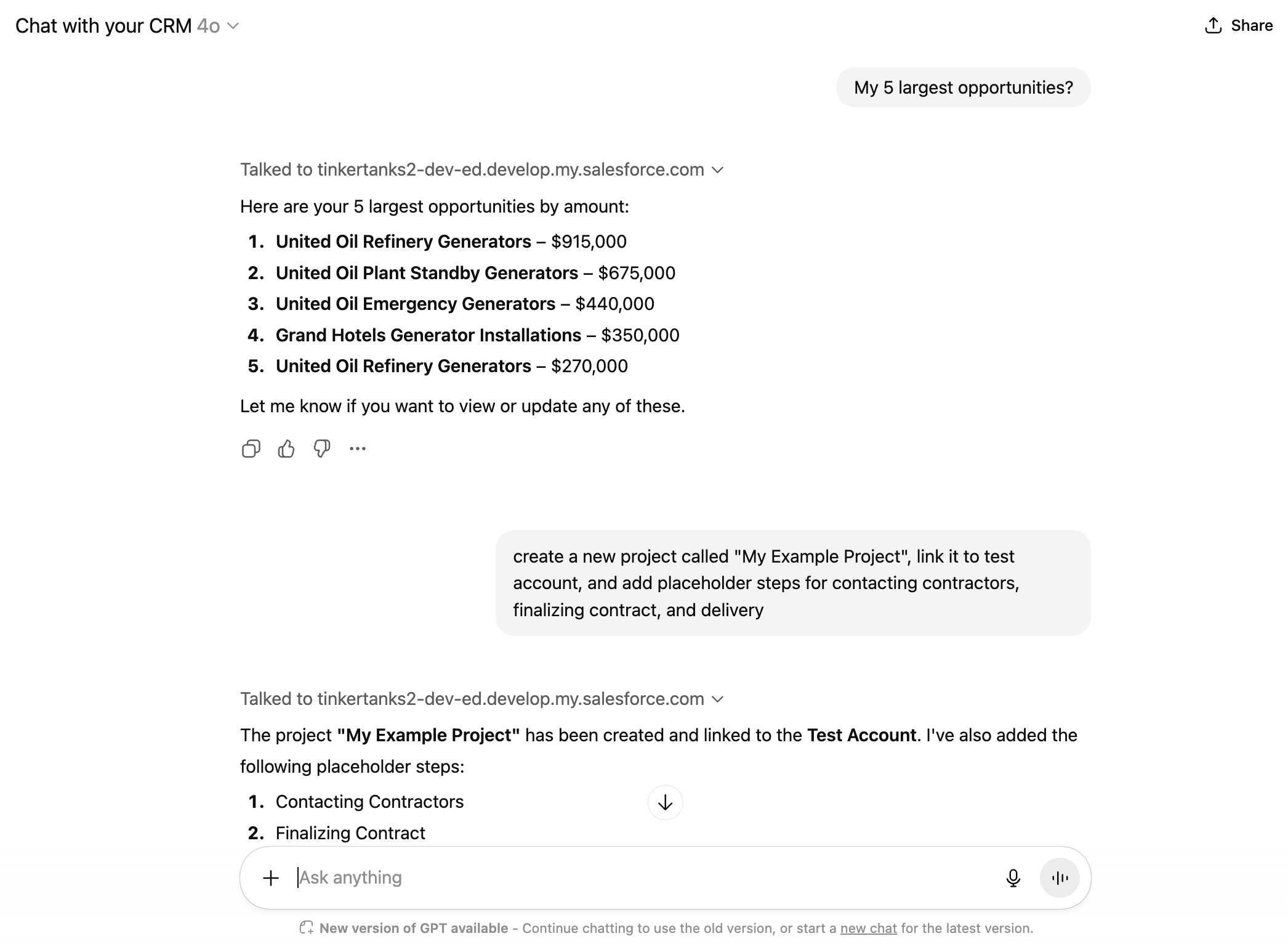 Salesforce GPT Connect chat interface