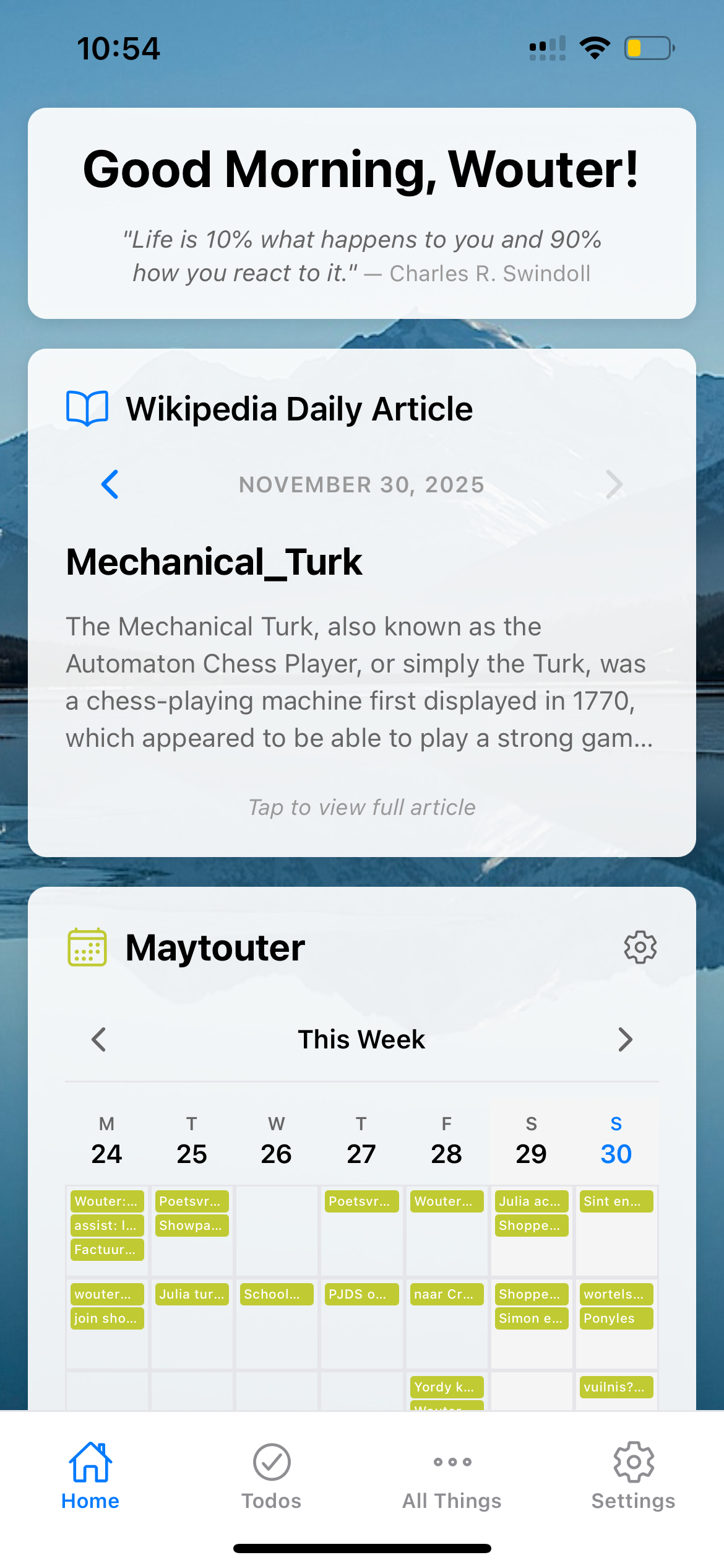 Wouter's App interface showing customizable widgets