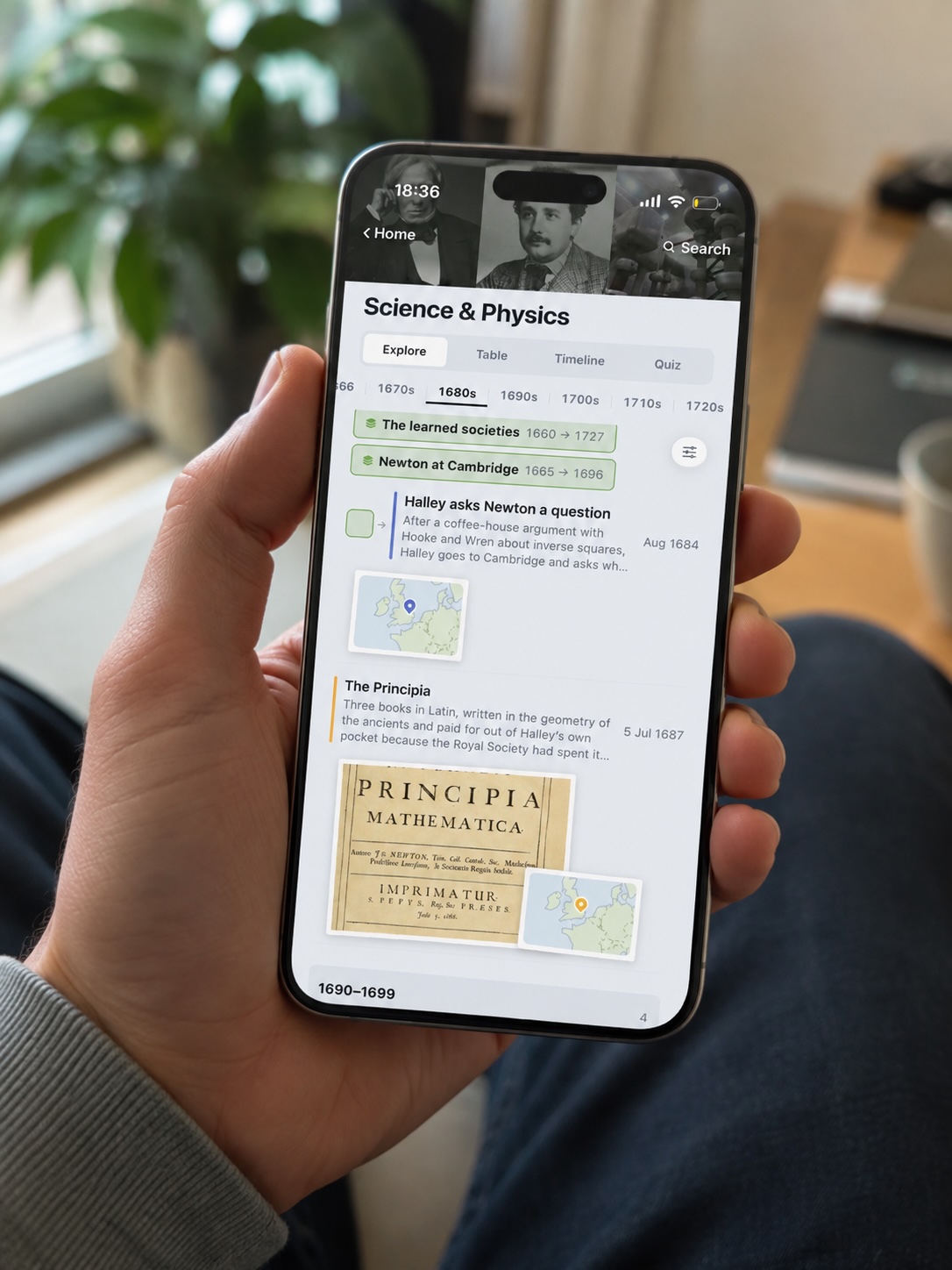 An iPhone held in one hand, showing History Learner's Explore view for Science & Physics in the 1680s