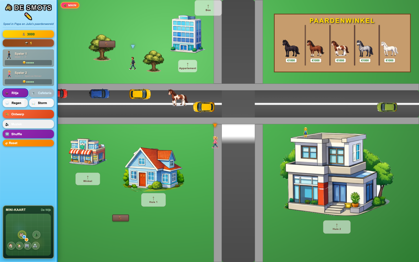 The same neighbourhood a moment later, now busy with red, blue, yellow and green cars on the roads and Julia's character standing on the roof of the modern house—showing the game's playful, sandbox freedom.
