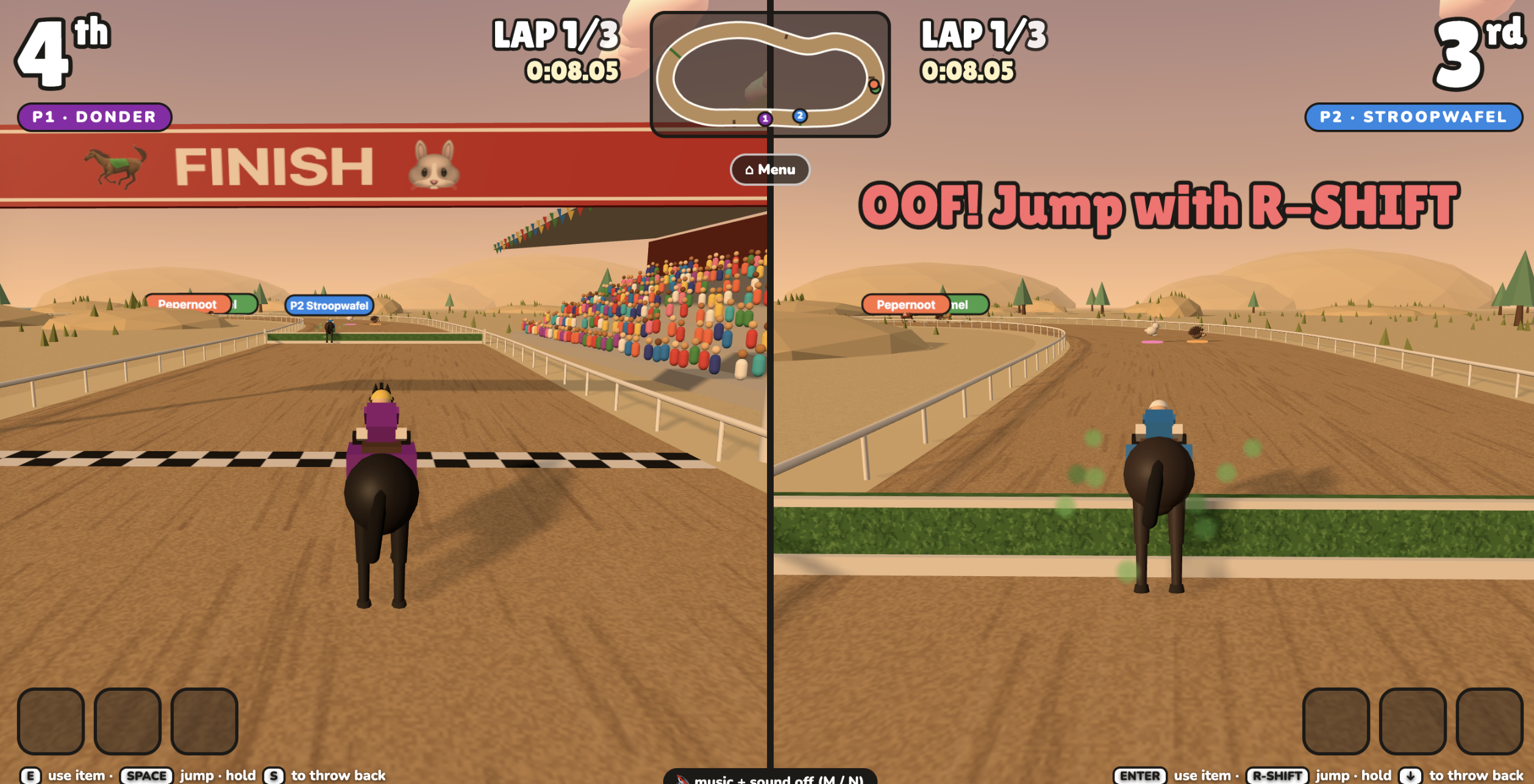 Two-player split-screen race on a desert track: player 1 (Donder, purple) in 4th crossing the finish line under a red FINISH banner next to a packed grandstand, player 2 (Stroopwafel, blue) in 3rd crashing into a hedge with the hint 'OOF! Jump with R-SHIFT'. A shared mini-map of the looping track sits in the middle.