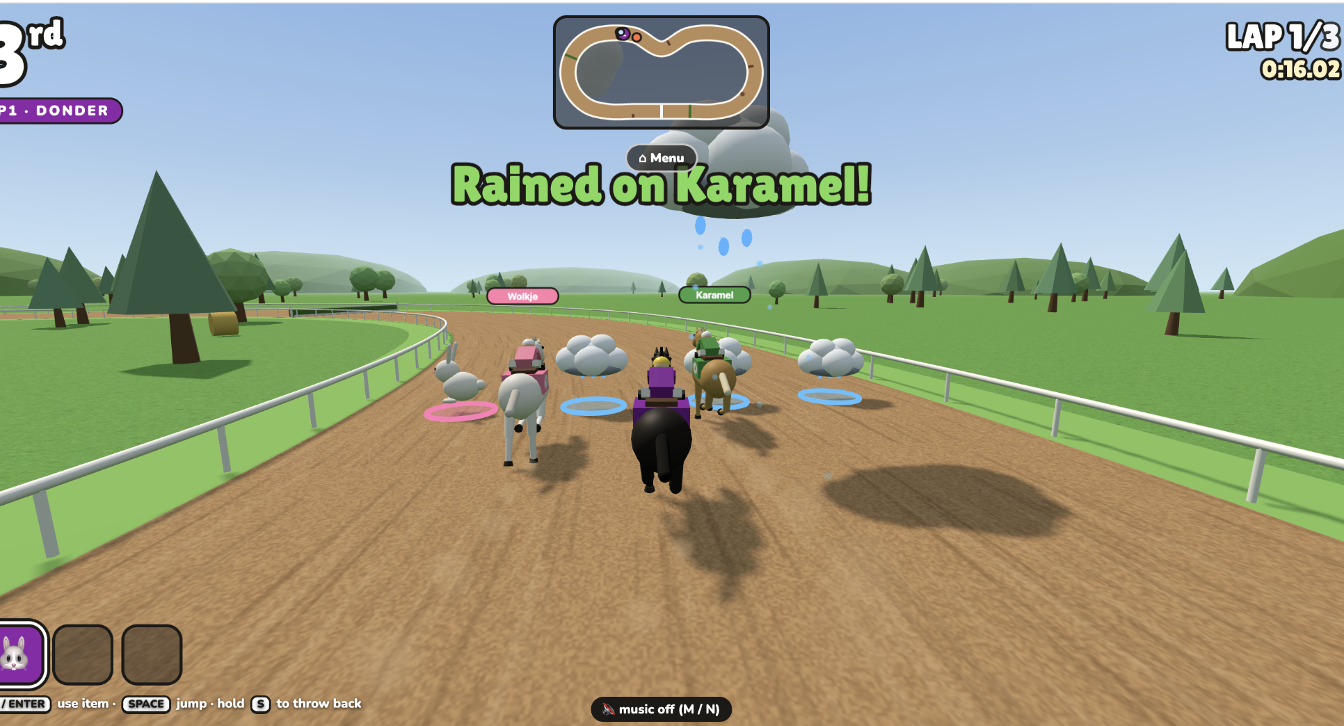 Mid-race chaos: rain clouds hover over rival horses with the message 'Rained on Karamel!', a white bunny hops on the track, and the player's bunny item waits in the item slot bottom-left.