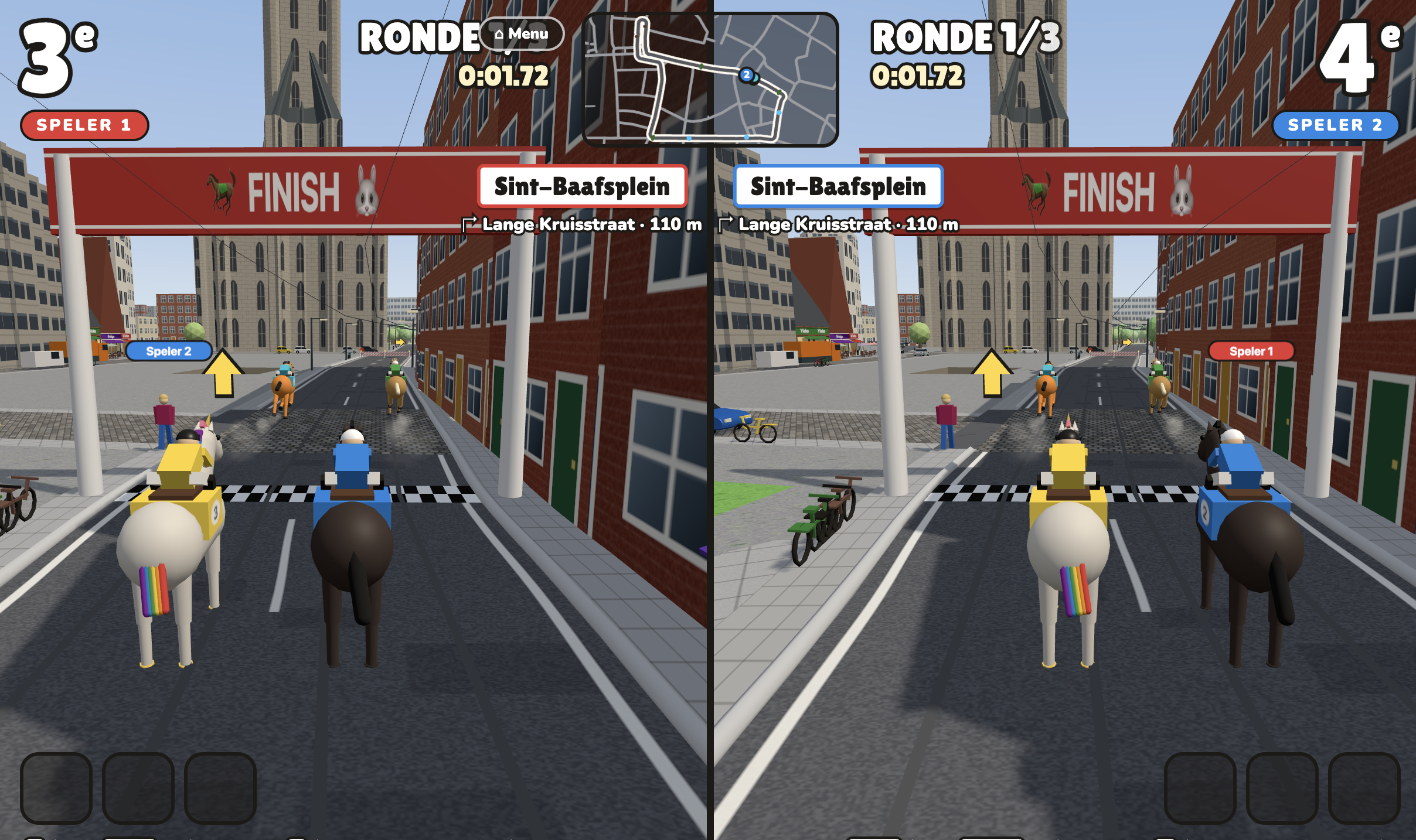 Two-player split-screen race on horseback at the start/finish banner on the Sint-Baafsplein, with the Sint-Baafskathedraal tower behind. Player 1 (3rd) rides a unicorn with a rainbow tail, player 2 (4th) a dark horse; a shared street-map mini-map of the route sits in the middle and a sign points to the Lange Kruisstraat in 110 m.