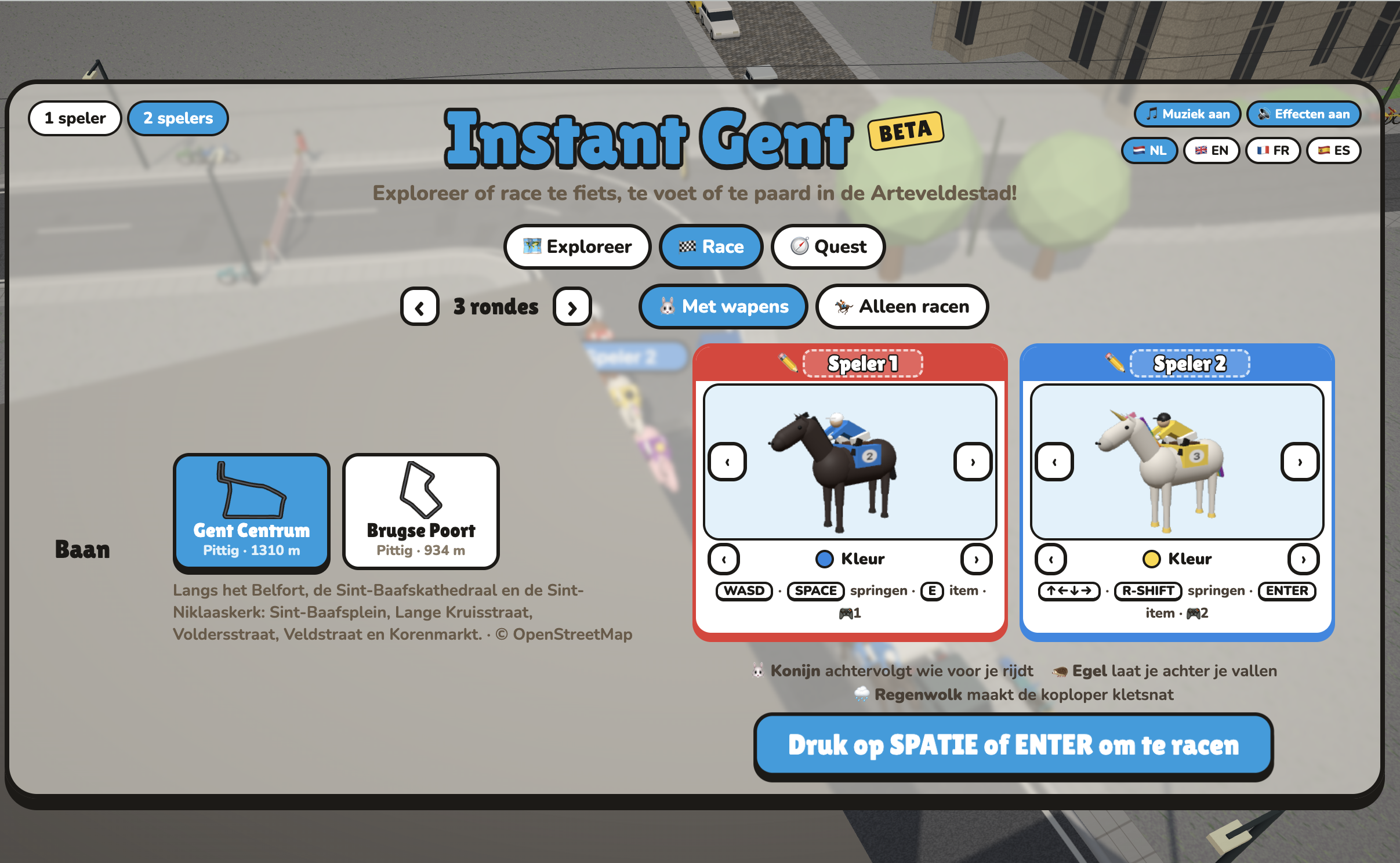 Race menu for two players on horseback: pick the track (Gent Centrum, 1310 m, or Brugse Poort, 934 m, built from OpenStreetMap), number of laps, with or without weapons, and a horse and colour per player.
