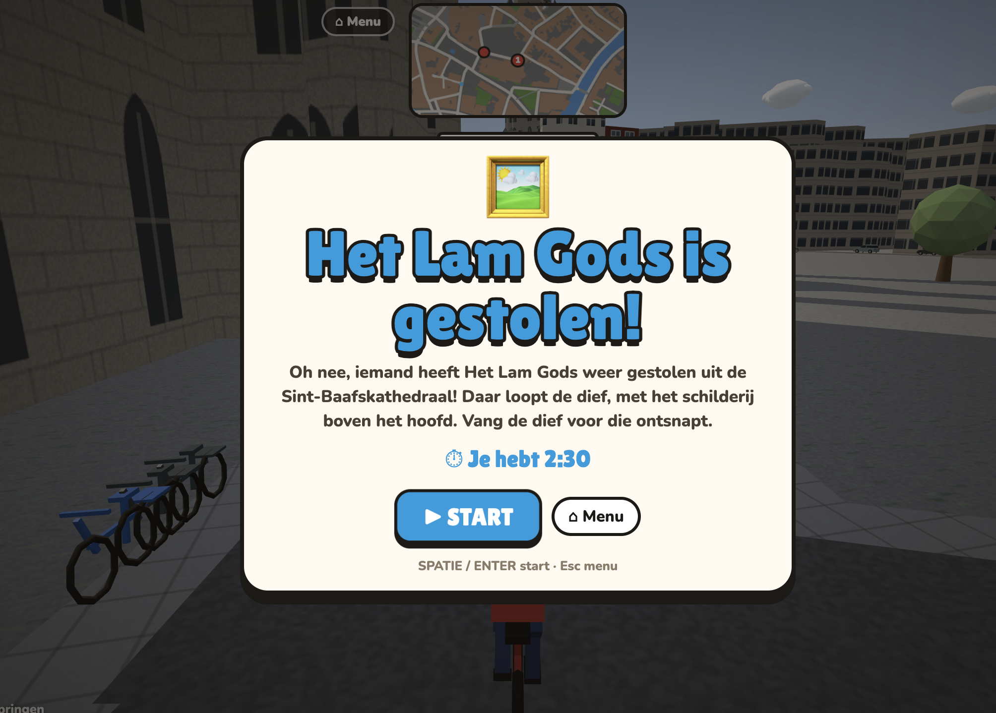 Quest intro 'Het Lam Gods is gestolen!': someone stole the Ghent Altarpiece from the Sint-Baafskathedraal again and you have 2:30 to catch the thief running off with the painting above their head.