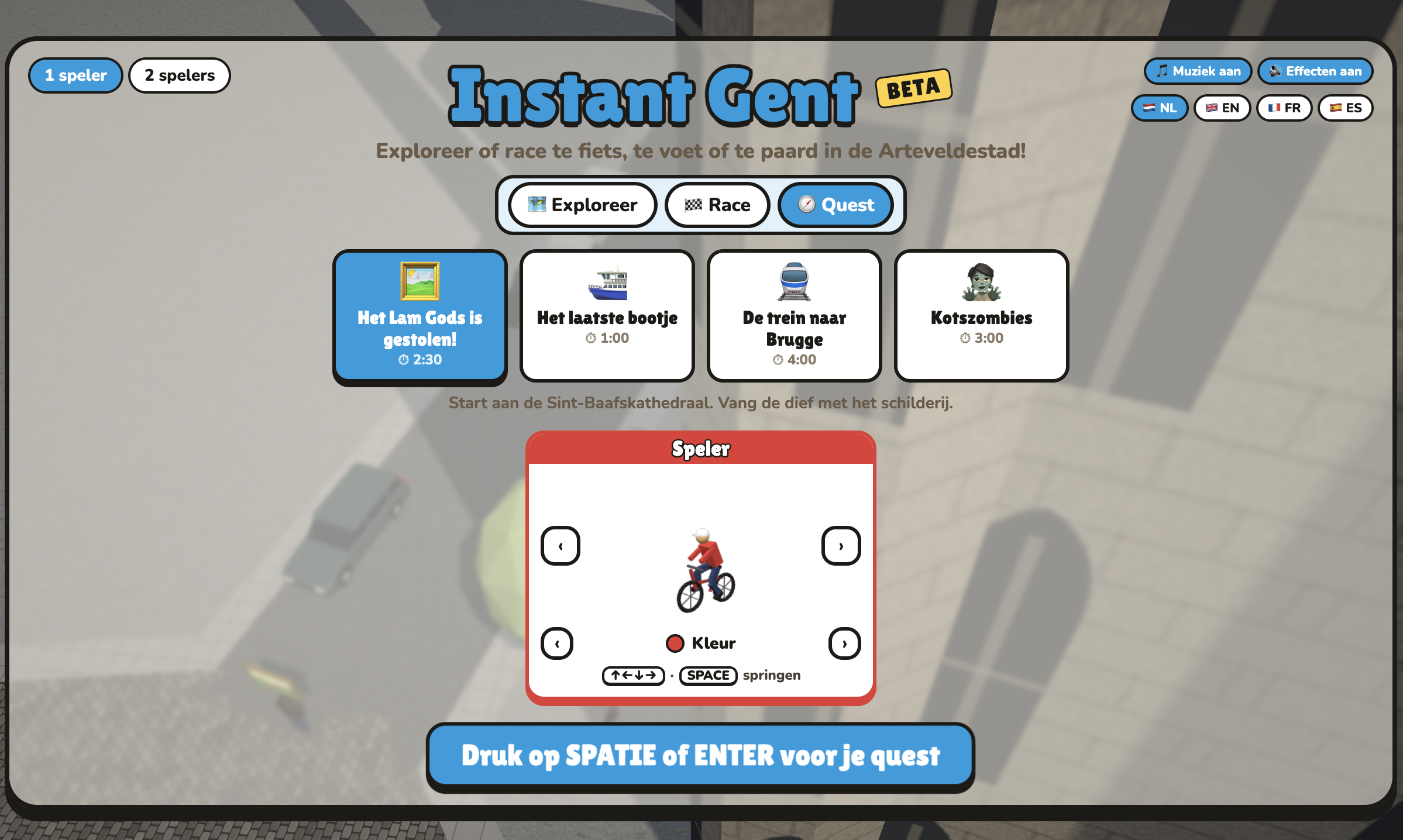 Quest menu with four quests: Het Lam Gods is gestolen! (2:30), Het laatste bootje (1:00), De trein naar Brugge (4:00) and Kotszombies (3:00), and a player card with a cyclist.