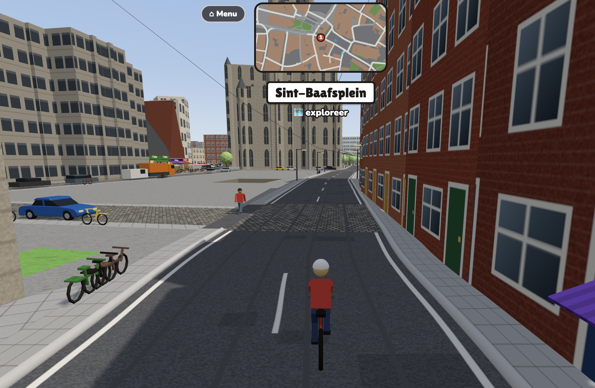 Explore mode: riding a bike down a Ghent street towards the Sint-Baafsplein, with the cathedral, brick houses, parked bikes, a car and a pedestrian, and a mini-map of the city centre at the top.