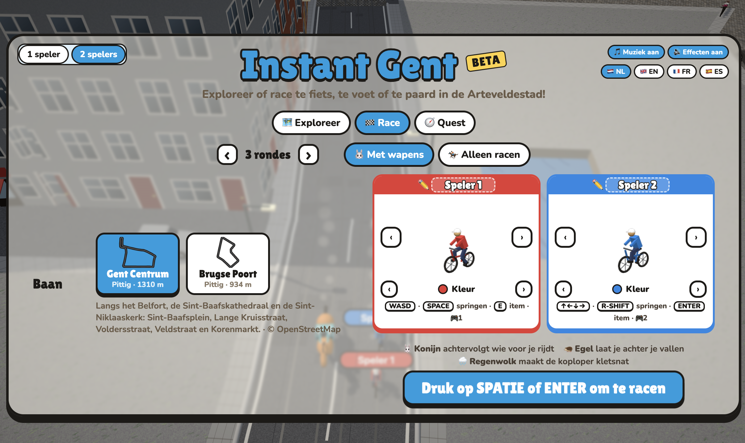 Race menu for two players on bikes, one in red and one in blue, with the bunny, hedgehog and rain cloud items explained below.