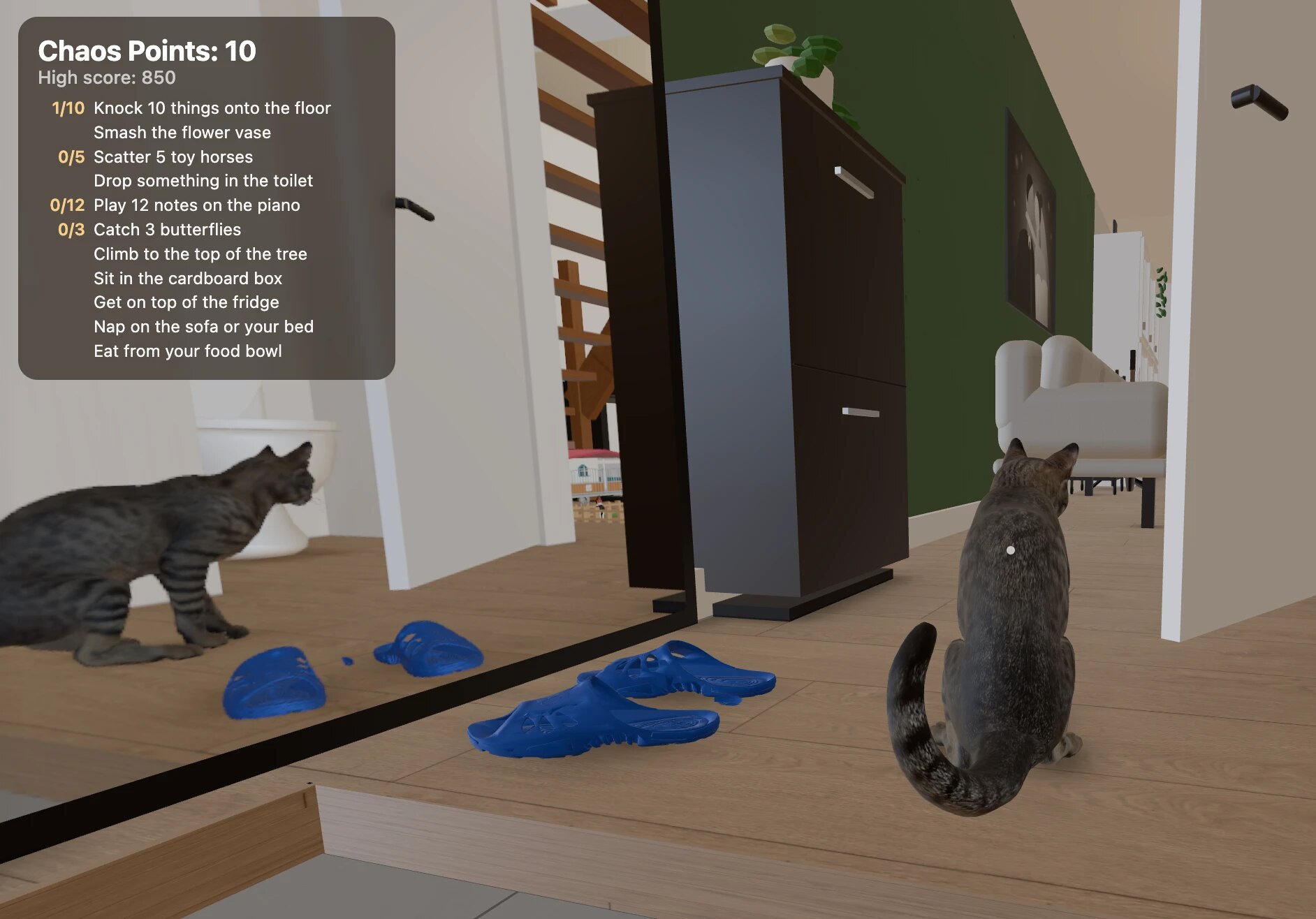 The cat sitting in a hallway looking at a pair of blue slippers, with a mirror reflecting another cat. A panel shows Chaos Points: 10, high score 850, and a task list including knocking 10 things onto the floor, smashing the flower vase, playing 12 notes on the piano and catching 3 butterflies.