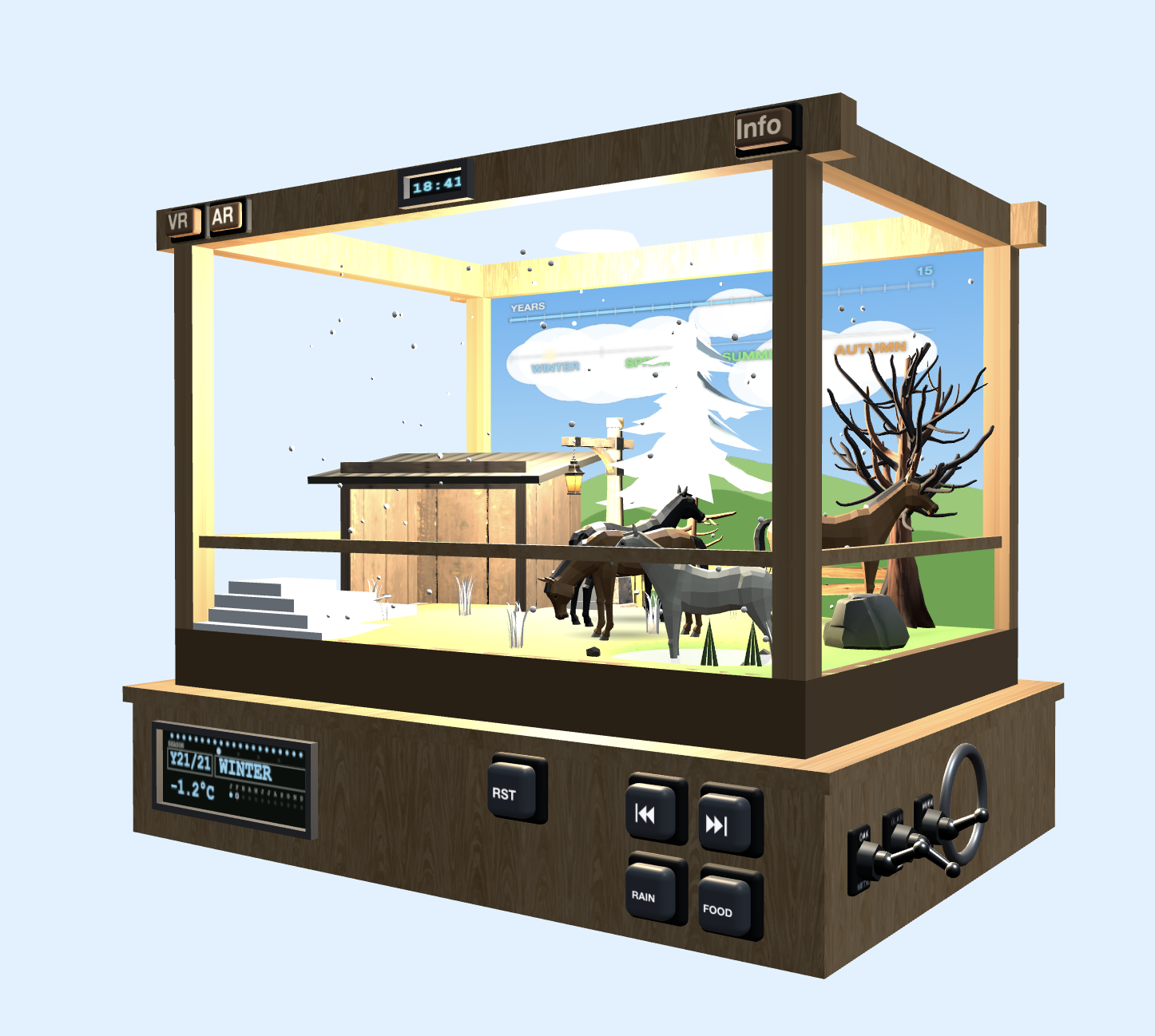 Three-quarter view of the same virtual horse box, showing the wooden vitrine at an angle with horses gathered near the stable, a winding-key mechanism on the side of the base and the RST, RAIN and FOOD buttons.