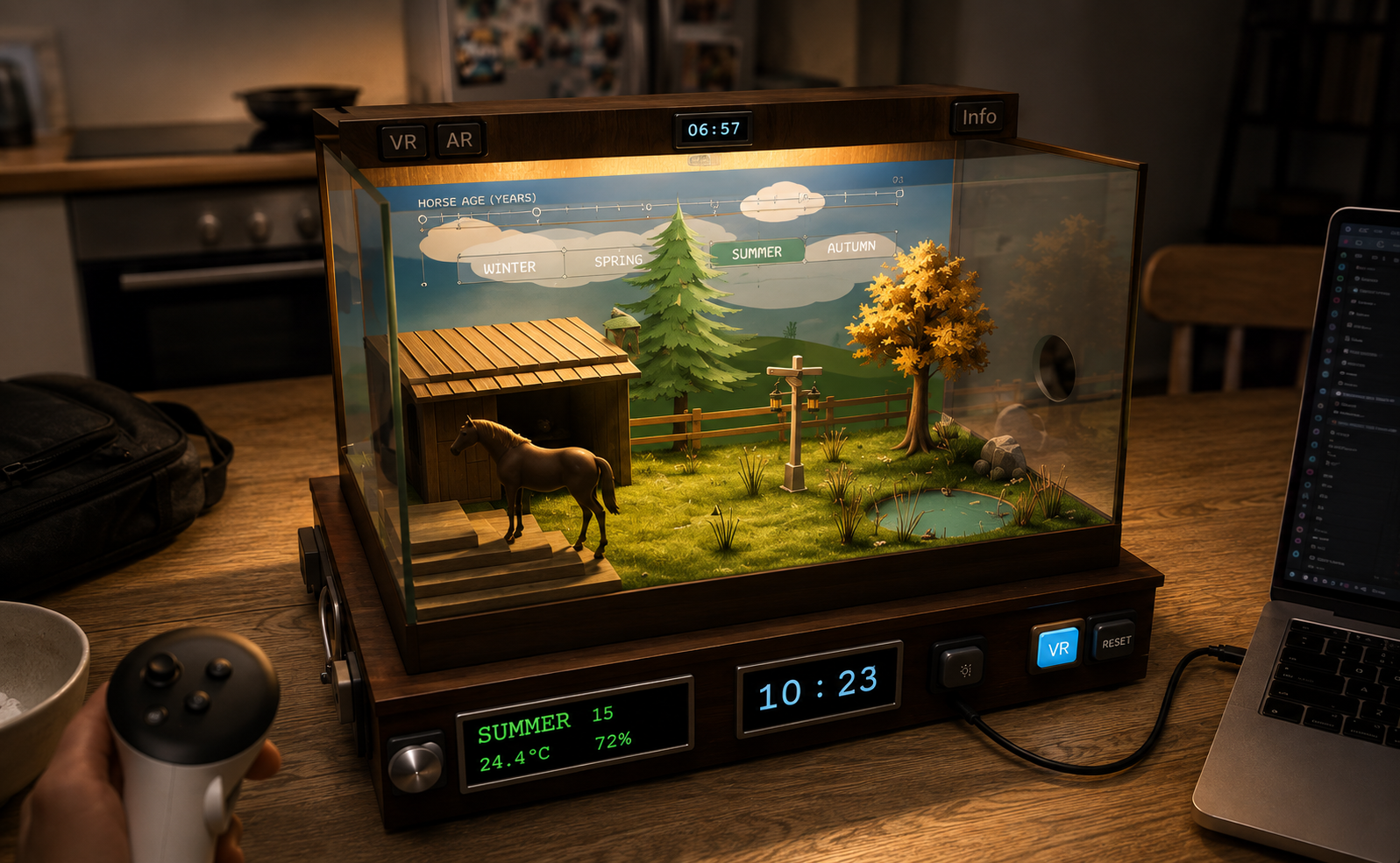 Photorealistic AI concept render of the horse box sitting on a real wooden desk beside a laptop and a VR controller, a single horse in a sunny summer diorama with a stable, trees and a small pond, LCD panels showing SUMMER 24.4°C and a clock.