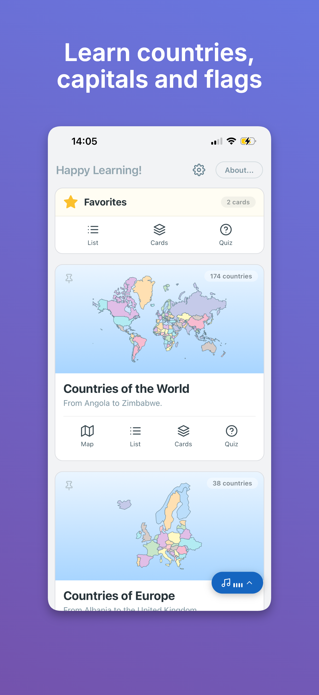 Learn countries, capitals and flags—home screen with Favorites and topic cards
