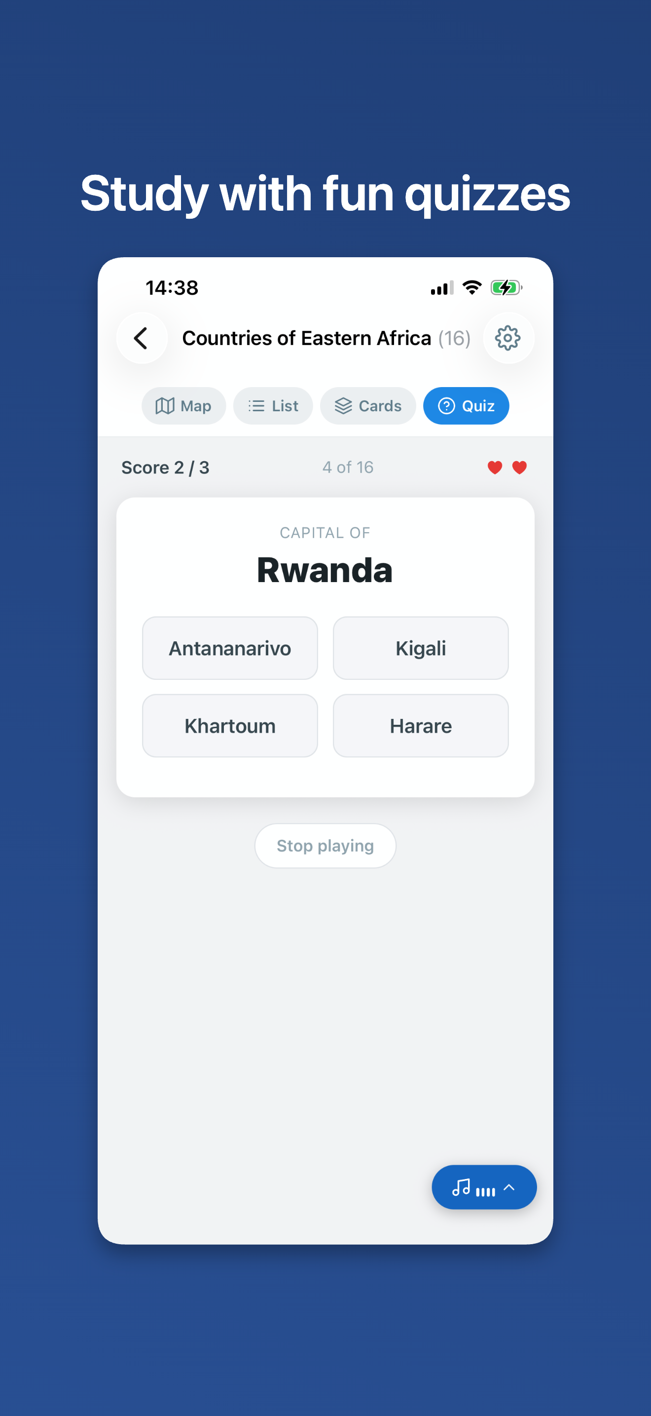 Study with fun quizzes—multiple-choice question asking for the capital of Rwanda