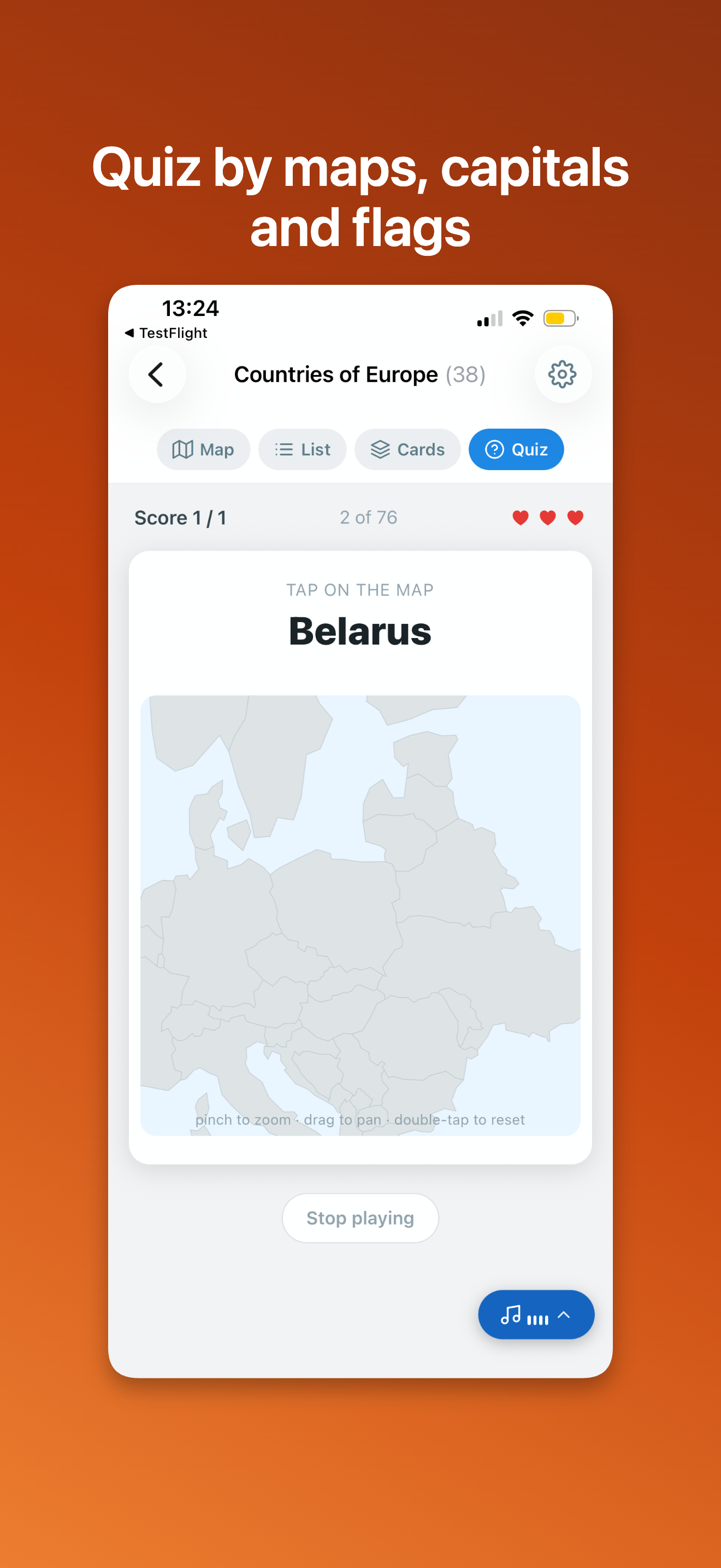 Quiz by maps, capitals and flags—tap-on-the-map question for Belarus in Europe