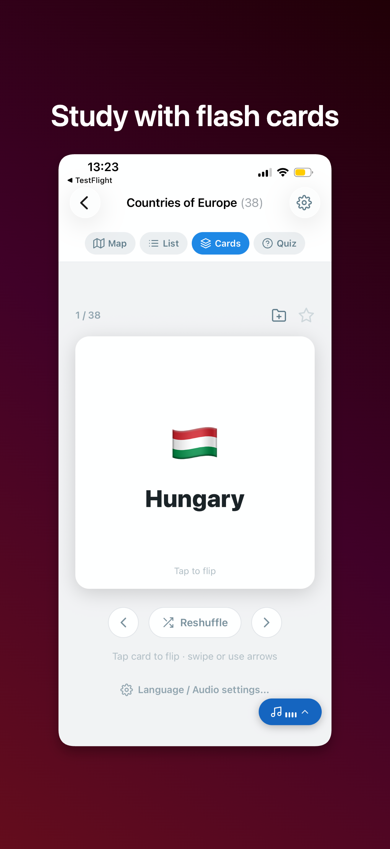Study with flash cards—Hungary flashcard for Countries of Europe