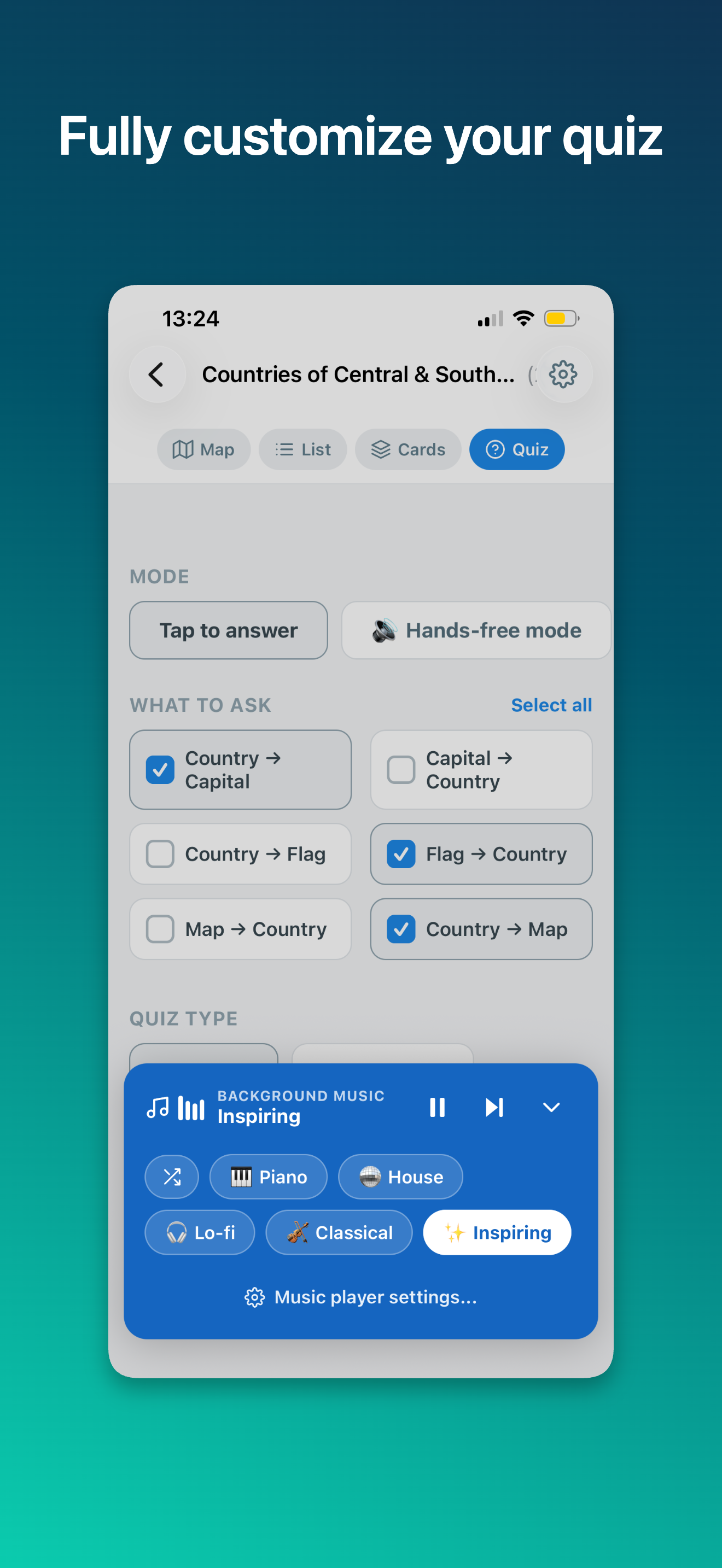 Fully customize your quiz—settings for what to ask, quiz mode and background music