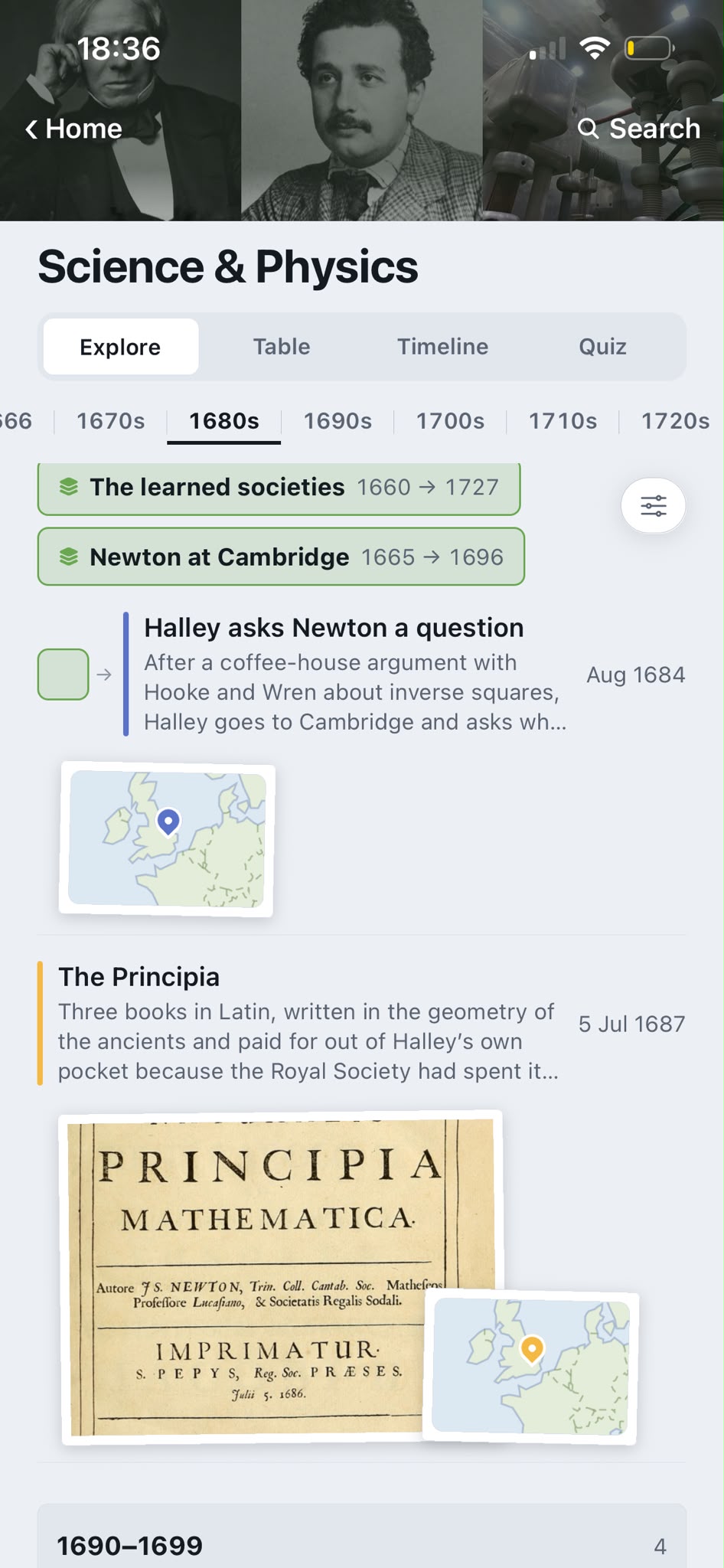 History Learner explore view for Science & Physics