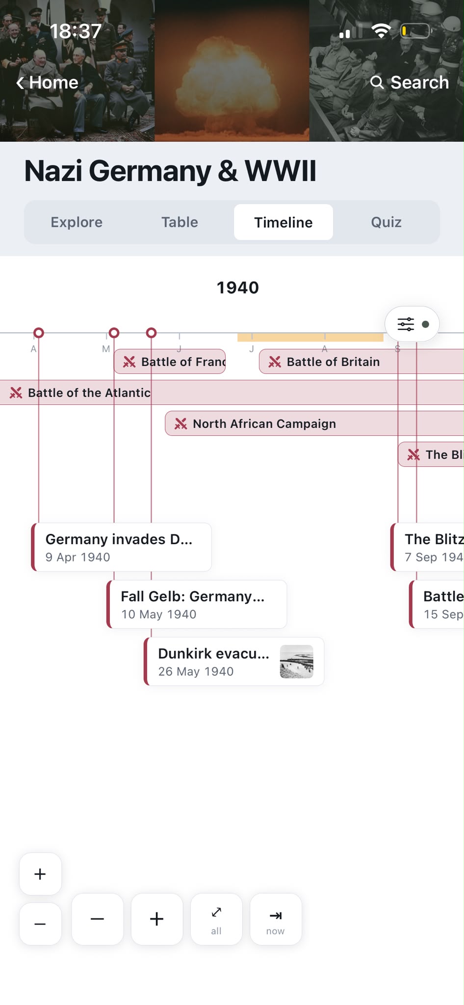 Timeline view for Nazi Germany & WWII in 1940, with overlapping campaign bands and dated events like Dunkirk and the Blitz