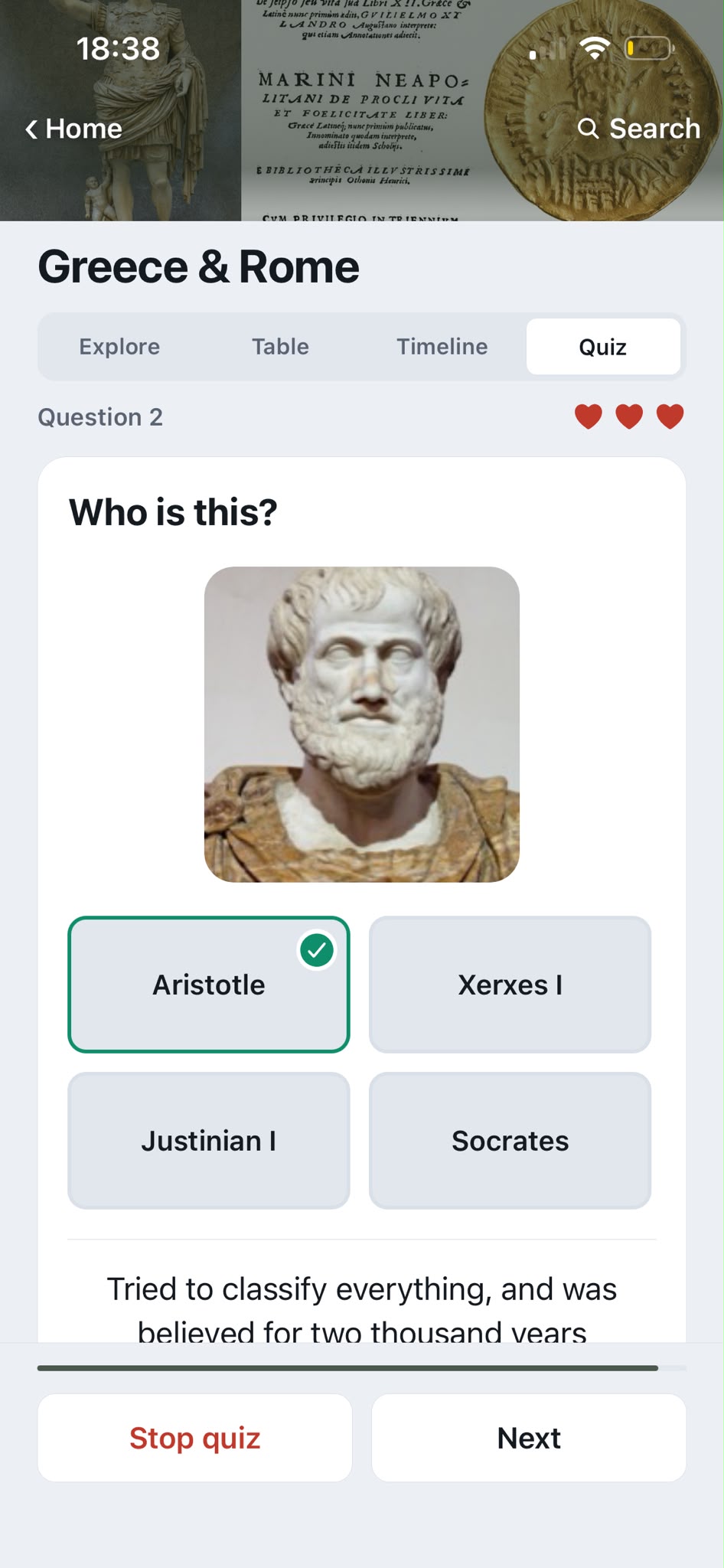 History Learner quiz asking to identify a bust of Aristotle