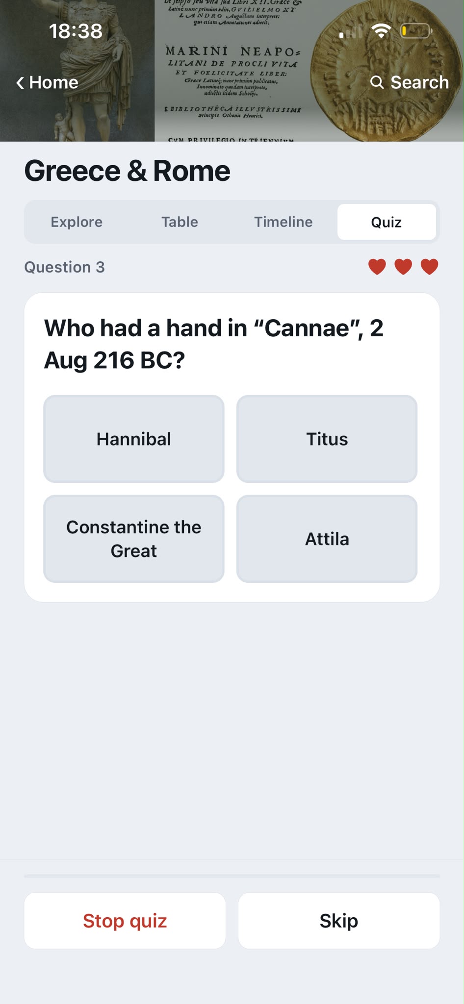 Quiz question asking who had a hand in the battle of Cannae in 216 BC, with four multiple-choice answers