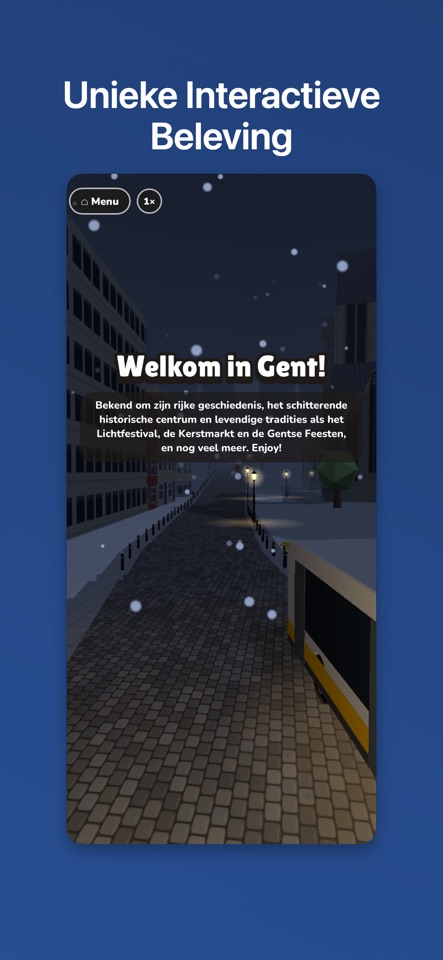 Instant Ghent App Store screenshot showing a snowy Ghent street and the welcome screen