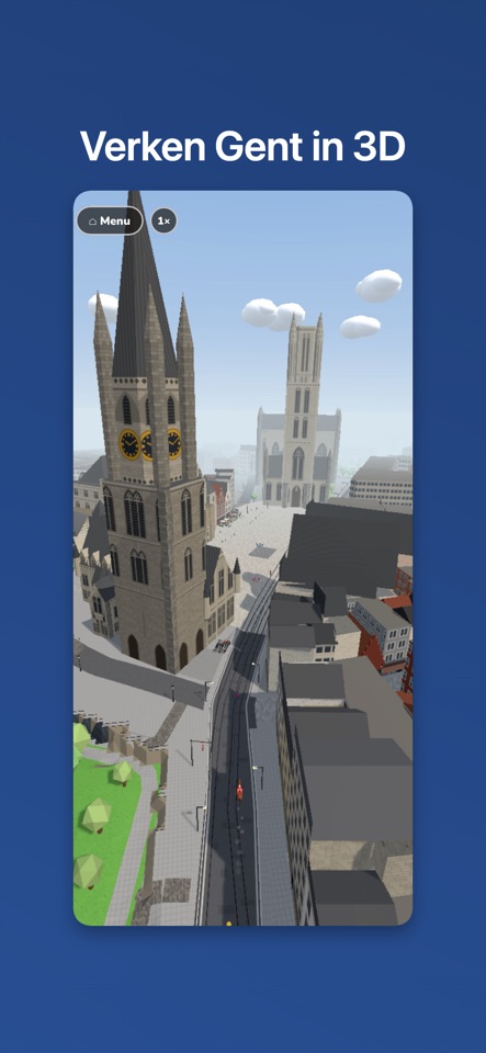 Instant Ghent App Store screenshot showing a 3D view over the Belfry and St Bavo's Cathedral