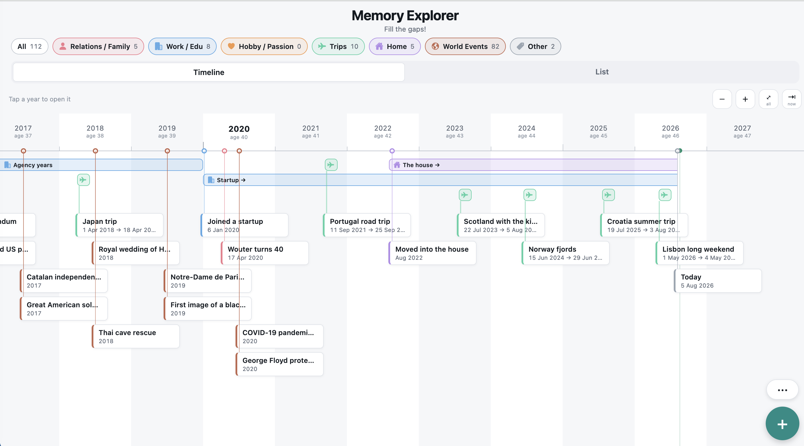 Memory Explorer timeline in the browser, filtered by category with trips, home and world events plotted by year