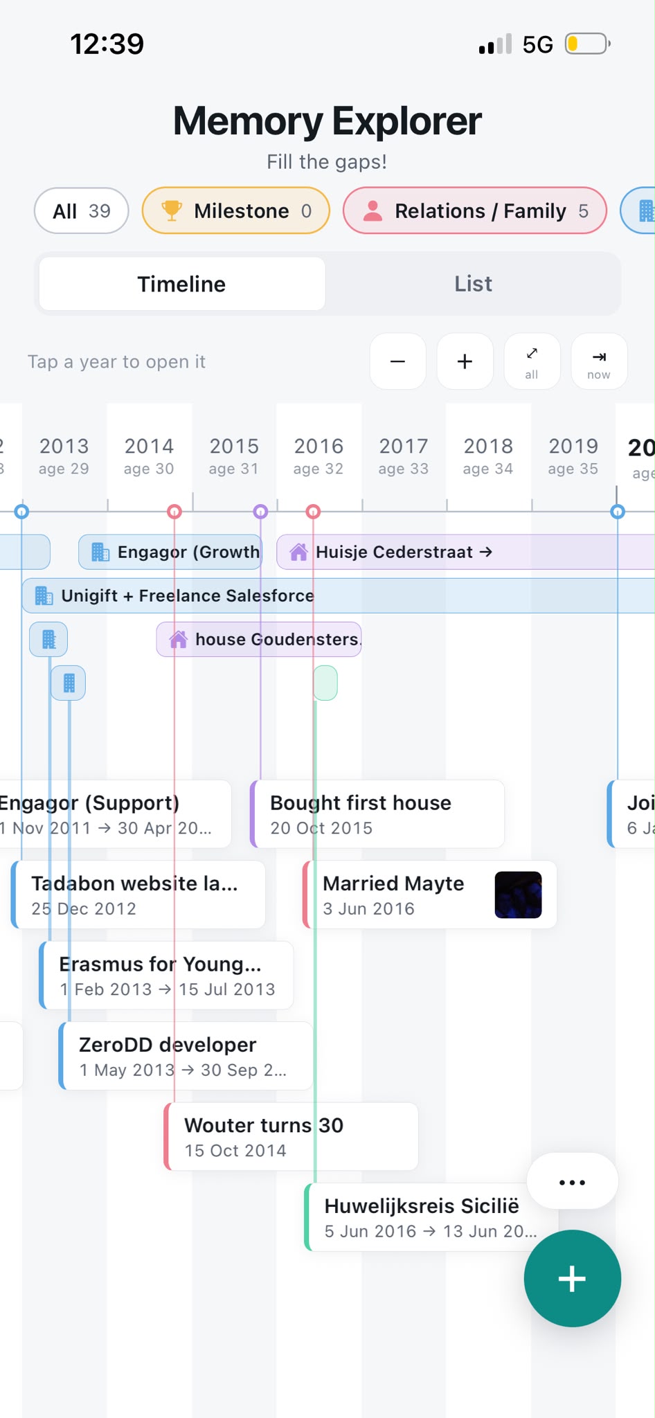 Memory Explorer zoomable life timeline on iPhone