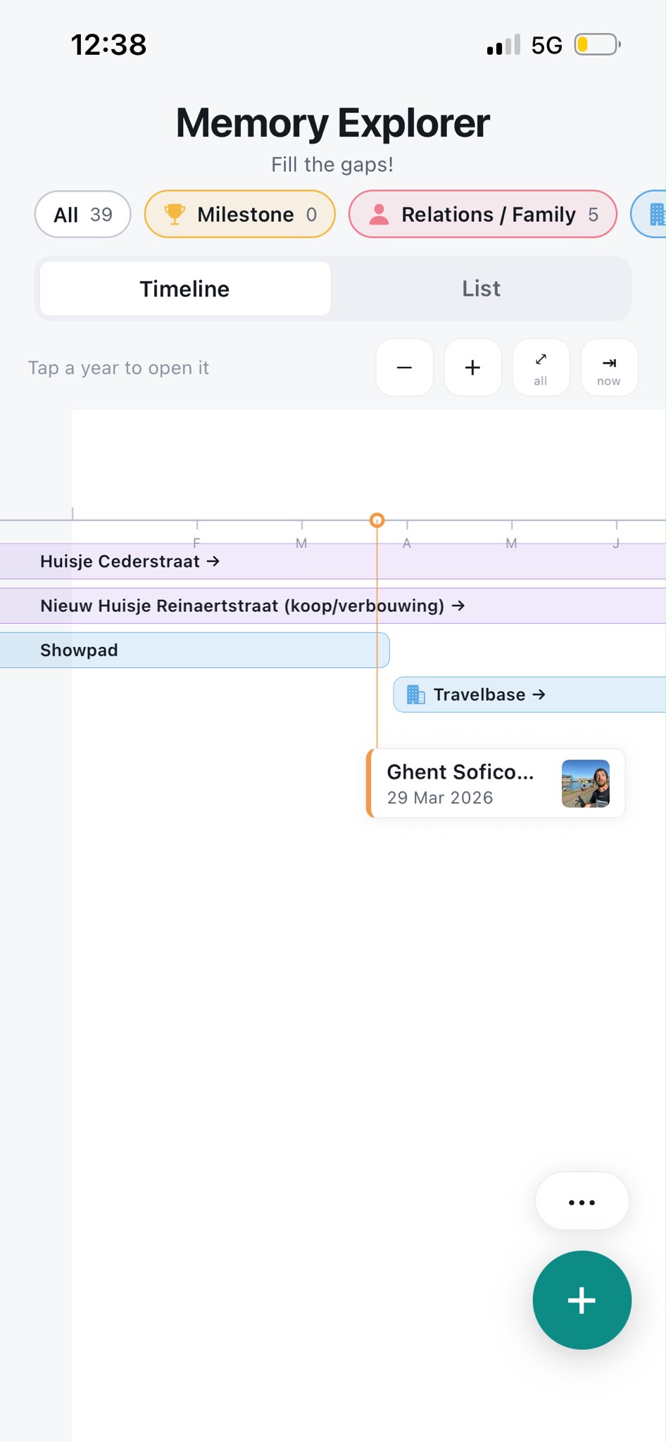 Memory Explorer on iPhone, timeline scrolled to today with an overlapping period and a moment card