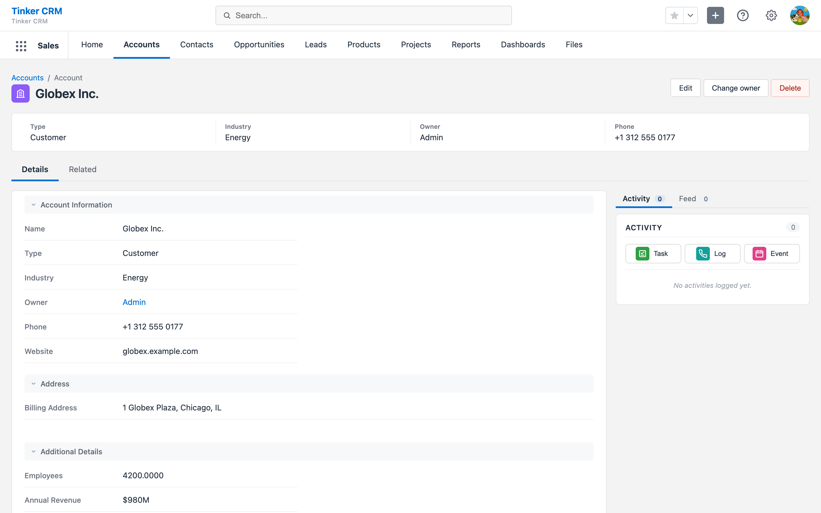 Account record page with highlights panel, detail sections and an activity timeline