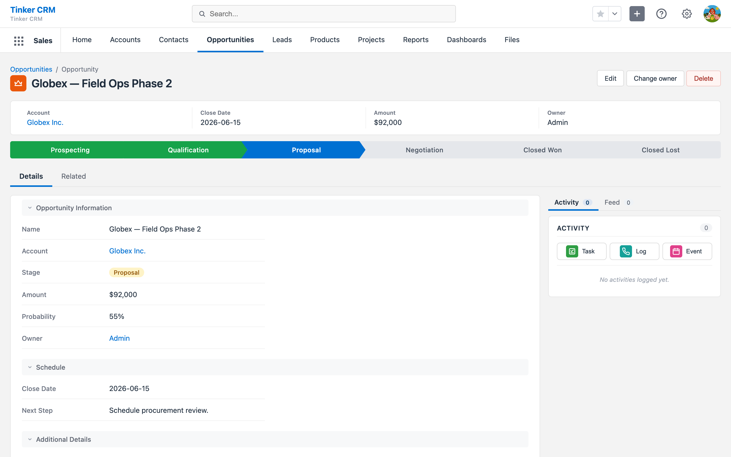Opportunity record page with a stage-path pipeline from Prospecting to Closed Won