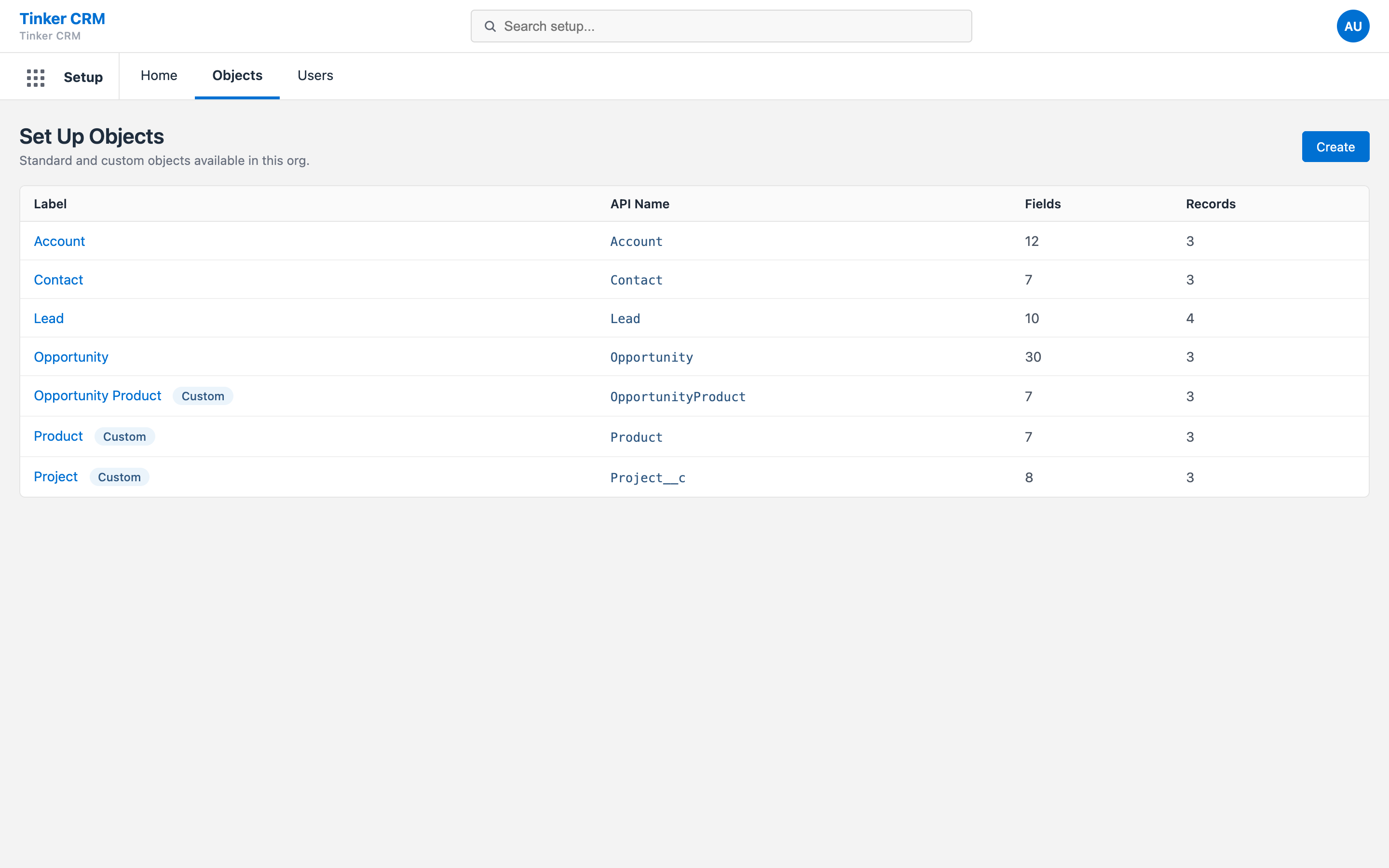 Setup Object Manager listing standard and custom objects with API names, field and record counts
