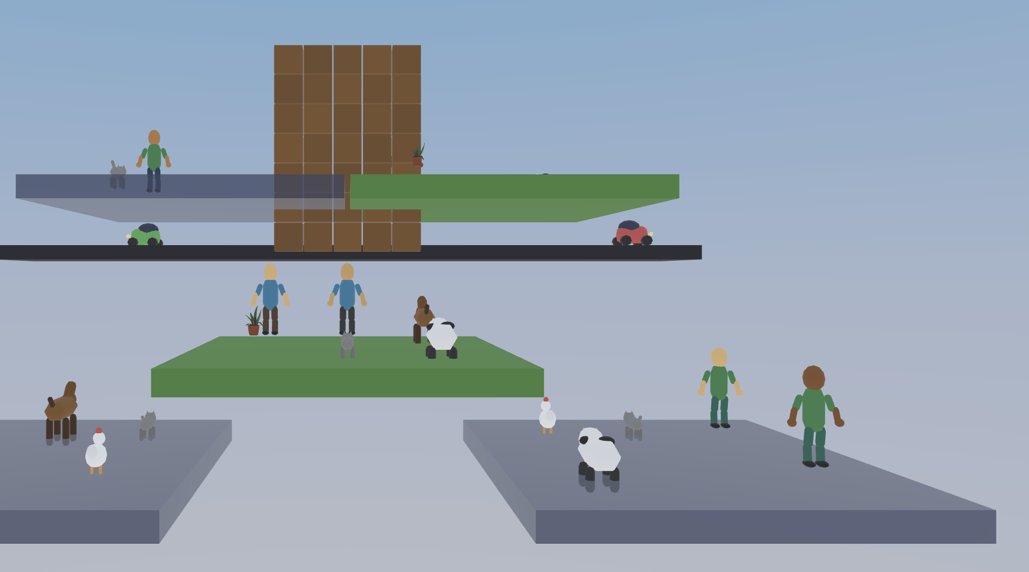 A giant overlooks tiny people, houses, animals, cars, and airplanes on floating platforms.